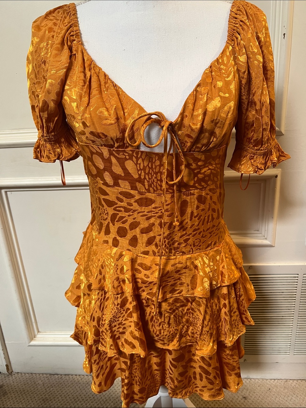 Shimmering Golden Amber Tie-Front Tiered Mini Dress. Flirty Fall Fun.